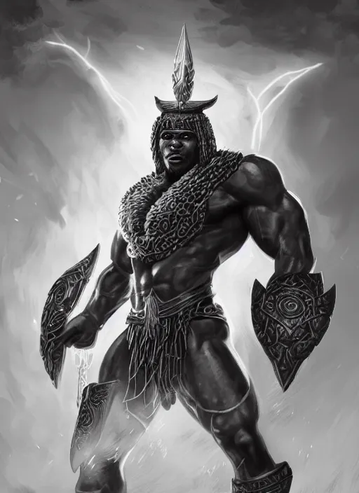 Image similar to a highly detailed illustration of berserker african god of lightning, muscular, intricate, elegant, highly detailed, centered, digital painting, artstation, concept art, smooth, sharp focus, league of legends concept art, WLOP