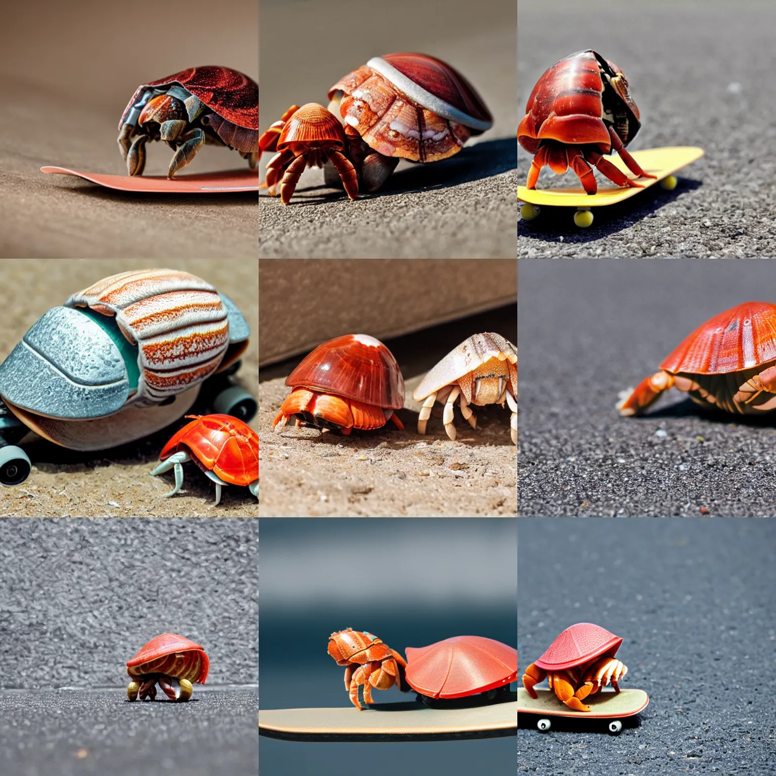 Prompt: a hermit crab riding a skateboard