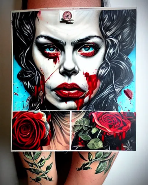 Image similar to horror with blood, rose and a pistol with sea and ocean in the background intricate details by Sandra Chevrier