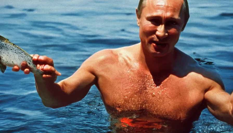 Image similar to 7 0 s movie still of putin in speedo, catching a salmon with his hands, cinestill 8 0 0 t _ 3 5 mm eastmancolor, heavy grain, high quality, high detail