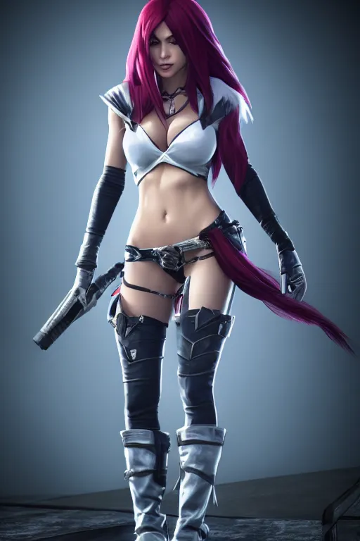 Image similar to Katarina from League of Legends, photorealistic full body, studio lighting, white ambient background, unreal engine 5, hyperrealistic, highly detailed, realistic