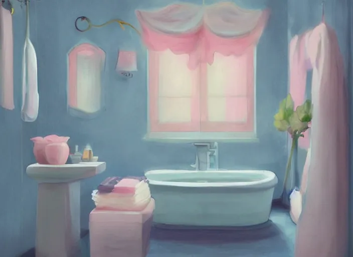 Prompt: placid pastel morning cute painterly fluffy bathroom trending on pixiv