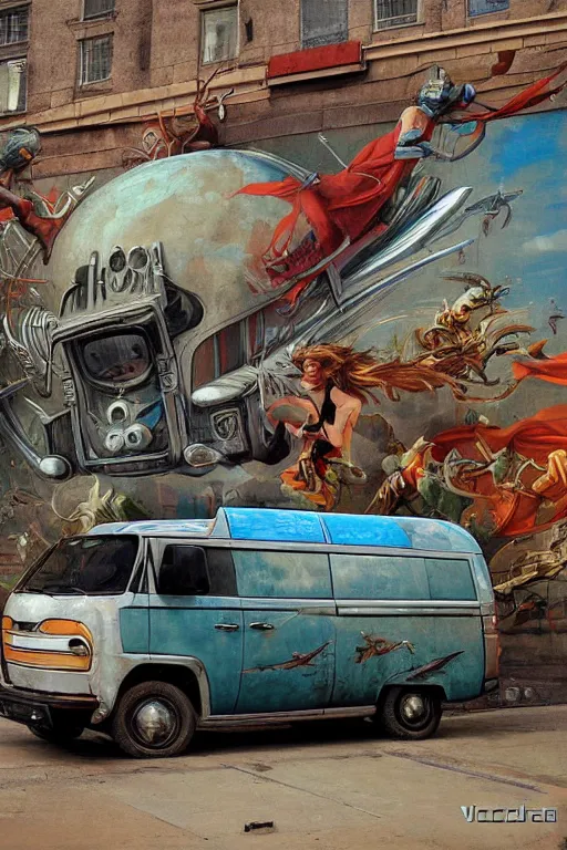 Image similar to futuristic old van mural by victor calleja bayard wu