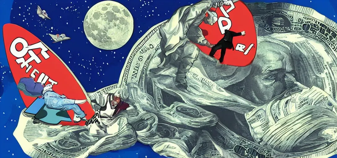 Image similar to mr beast surfing on money beyond the moon