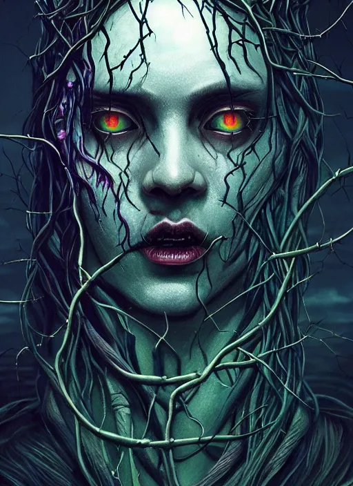 Prompt: full face epic portrait lovecraft horror glowing eyes, vines and thorns, witcher, elden ring, matte painting concept art, midjourney, beautifully backlit, swirly vibrant color lines, majestic, cinematic aesthetic, smooth, intricate, 8 k, by ilya kuvshinov, artgerm, darius zawadzki and zdizslaw beksinski