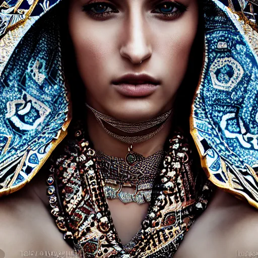 Image similar to portrait of a stunningly beautiful arabic tribal female, depth of field, zeiss lens, detailed, symmetrical, centered, fashion photoshoot, by Annie Leibovitz and Steve McCurry, David Lazar, Jimmy Nelsson, Breathtaking, 8k resolution, extremely detailed, beautiful, establishing shot, artistic, hyperrealistic, beautiful face, octane render