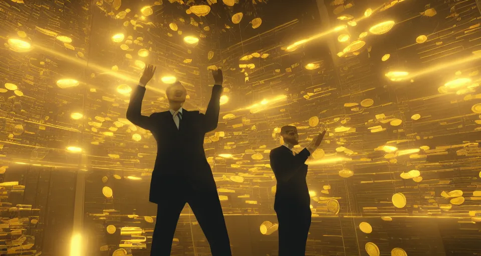 Image similar to Dramatic photo of a CEO waving to silhouettes of his coworkers in a futuristic office. Golden coins are levitating all around them. 8k, high detail, trending on Artstation, volumetric lighting, cyberpunk