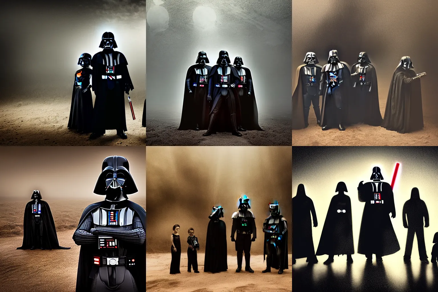 Prompt: Darth Vader family photo, moody lighting, sandy, dust in the air, dark shadows, god rays, slimy, ominous, 4k, DSLR photo