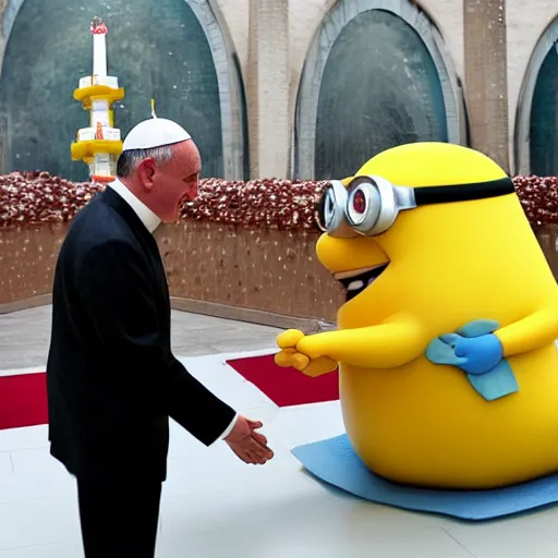 Image similar to pope francis baptizing a minion in a buddhist pagoda nuclear power plant