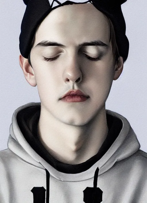 Image similar to portrait of teenage jughead jones wearing a light grey crown, photorealistic, crown, eyes closed, crown, black hair, sweater with letter s on it, letter s, intricate, elegant, glowing lights, highly detailed, digital painting, artstation, concept art, smooth, sharp focus, illustration, art by wlop, mars ravelo and greg rutkowski