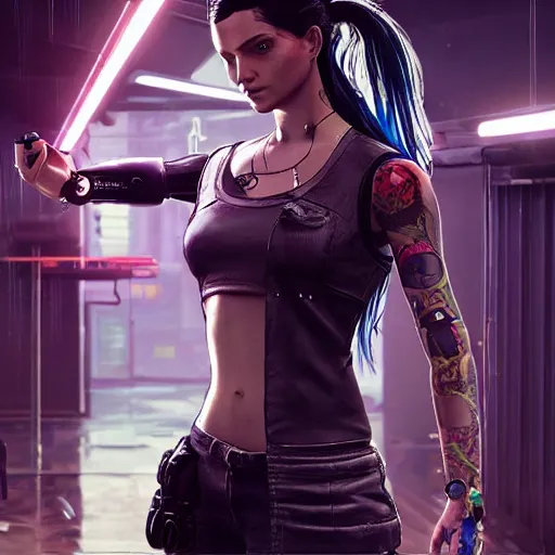 Image similar to Robot girl with long hair and tattoo style game CYBERPUNK 2077 , a very beautiful portrait, style DEUS EX: MANKIND DIVIDED, girl entwined with flowers, photorealism