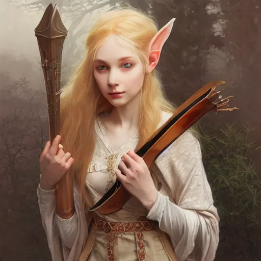 Prompt: elf fairy blond with a beautiful face, holding a lute, wearing a cardigan, highly detailed, intricate, digital painting, artstation, sharp focus, illustration, art by jakub rozalski, greg rutkowski, artgerm, tan zi and ayanamikodon and alphonse mucha and wlop