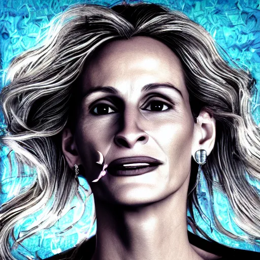 Prompt: !dream portrait of Julia Roberts looking like Andy Warhol wearing a silver coat. Background has many dancing colorfull seagulls flying around, hypermaximalistic, high details, cinematic, 8k resolution, beautiful detailed, insanely intricate details, artstation trending, octane render, unreal engine