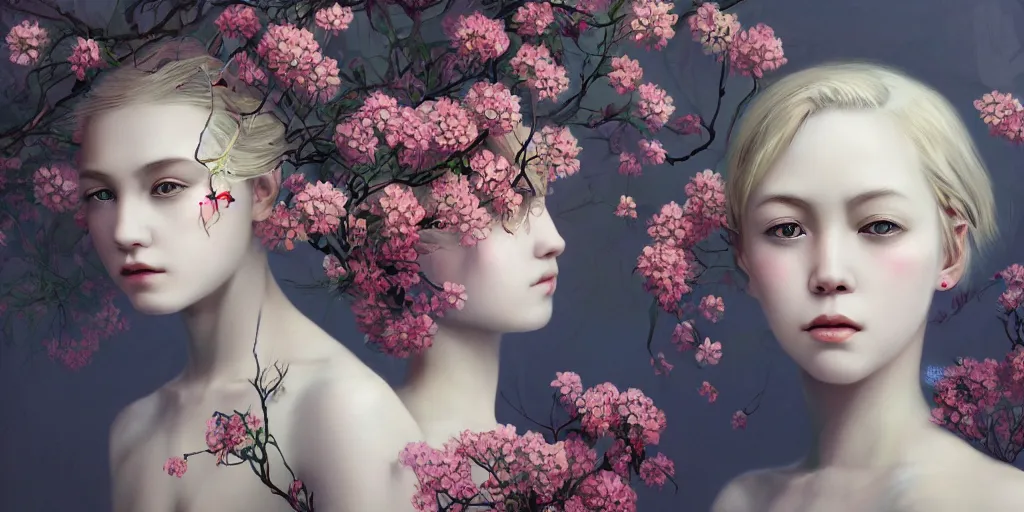 Image similar to breathtaking detailed concept art painting pattern of blonde short hair faces weird girls with anxious piercing eyes and blend of flowers, by hsiao - ron cheng, bizarre compositions, exquisite detail, extremely moody lighting, 8 k