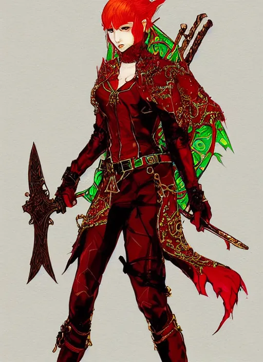 Image similar to Full body portrait of a handsome young red haired elven princess warrior wearing red, green and gold ornate leather jacket, golden tiara and an axe. In style of Yoji Shinkawa and Hyung-tae Kim, trending on ArtStation, dark fantasy, great composition, concept art, highly detailed.