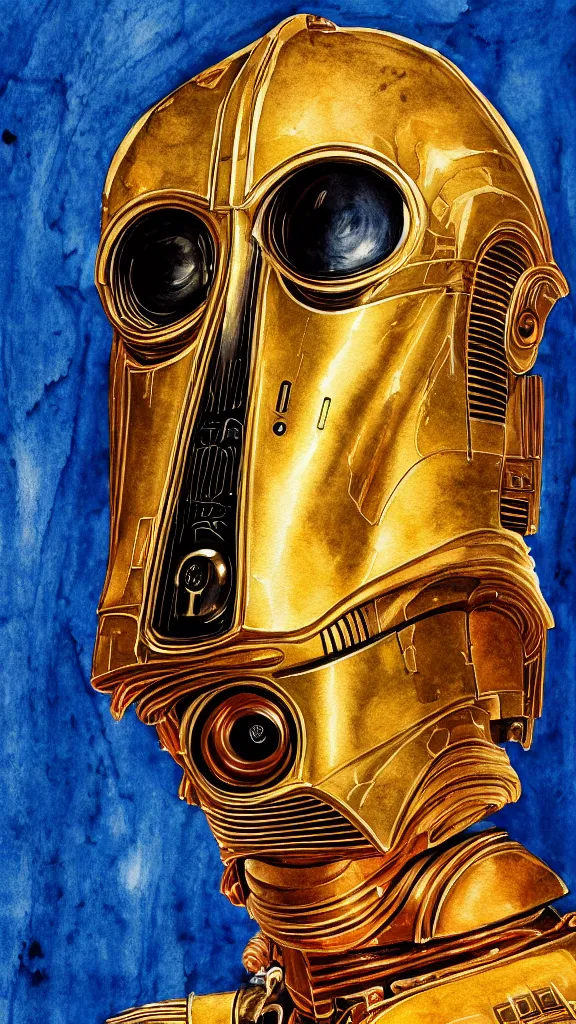 Image similar to a portrait of c - 3 po in a watercolor style. faded wash. color harmony, 8 k detail, gallery quality, hd wallpaper, premium prints available, hyper - detailed, intricate design.