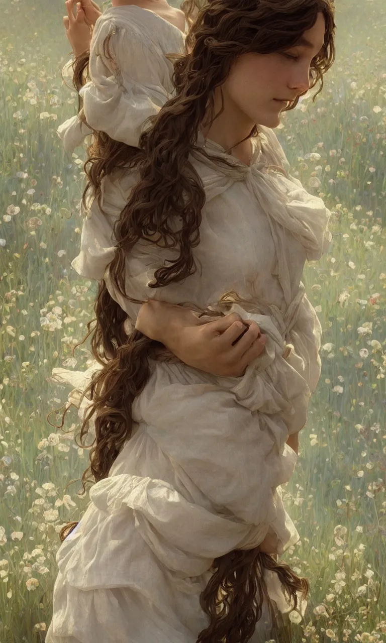 Image similar to beautiful cottagecore young peasant maiden, innocent, intricate, elegant, highly detailed, digital painting, artstation, concept art, smooth, sharp focus, illustration, art by artgerm and greg rutkowski and alphonse mucha