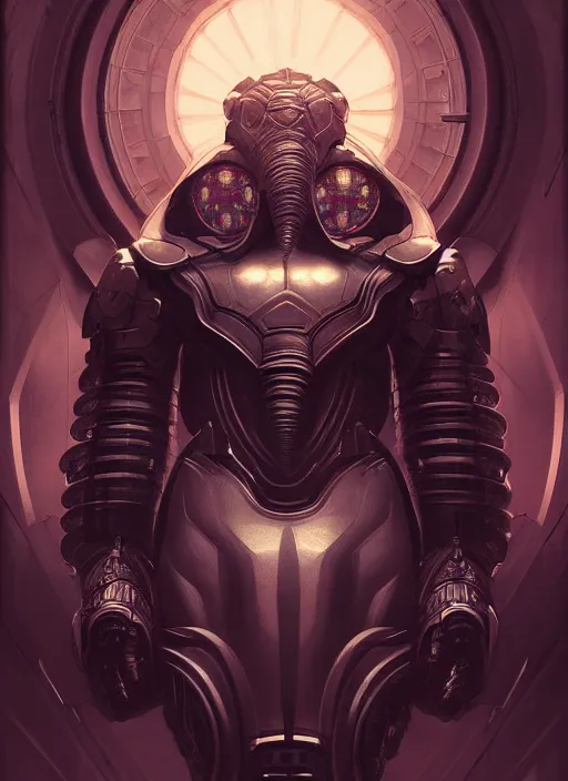 Image similar to symmetry!! portrait an elephant, sci - fi, armour, muscular! cyberpunk, intricate, elegant, highly detailed, digital painting, artstation, concept art, sharp focus, illustration, art by artgerm and greg rutkowski and alphonse mucha