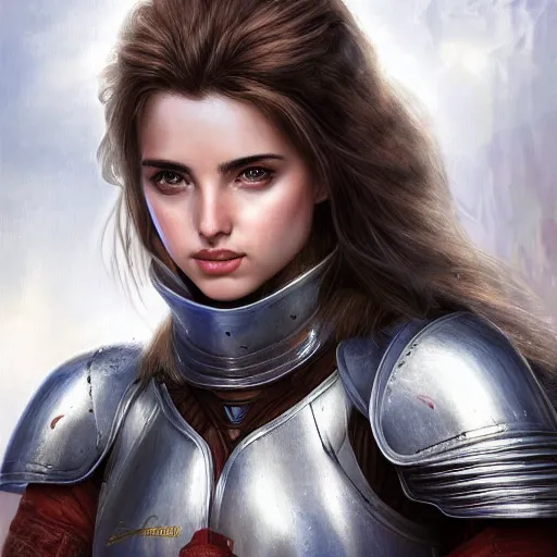 Prompt: head and shoulders portrait of a female knight, ana de armas, breastplate, by artgerm, face detail, extremely detailed, digital illustration