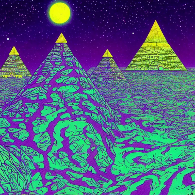 Prompt: cosmic pyramids, crescent moon, desert journey, bright neon colors, highly detailed, cinematic, eyvind earle, tim white, philippe druillet, ernst haeckel, lisa frank, aubrey beardsley, hiroo isono