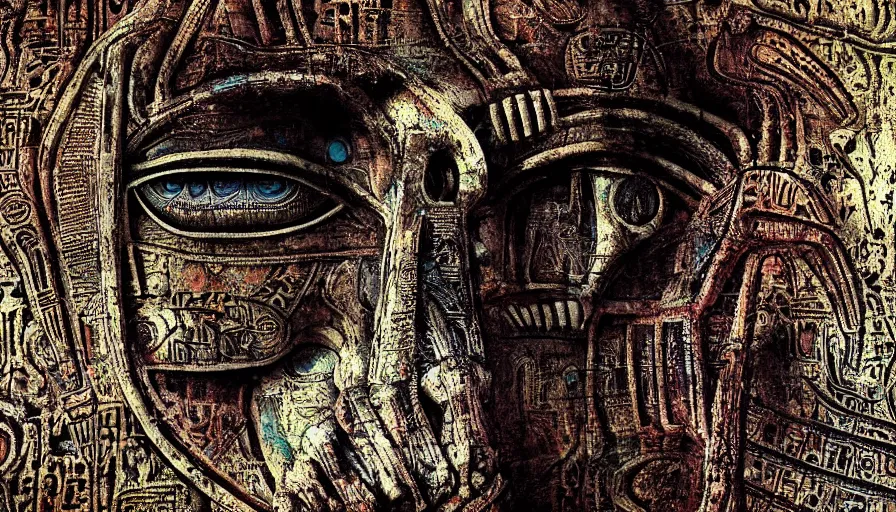 Prompt: h. r. giger hieroglyphs, sorrow intense likely, acid bleeding deep colors, sense of decay given, throw into the abyssal despair, various refining techniques, micro macro auto focus, top photography photo art gallery, realistic photo, insane detail