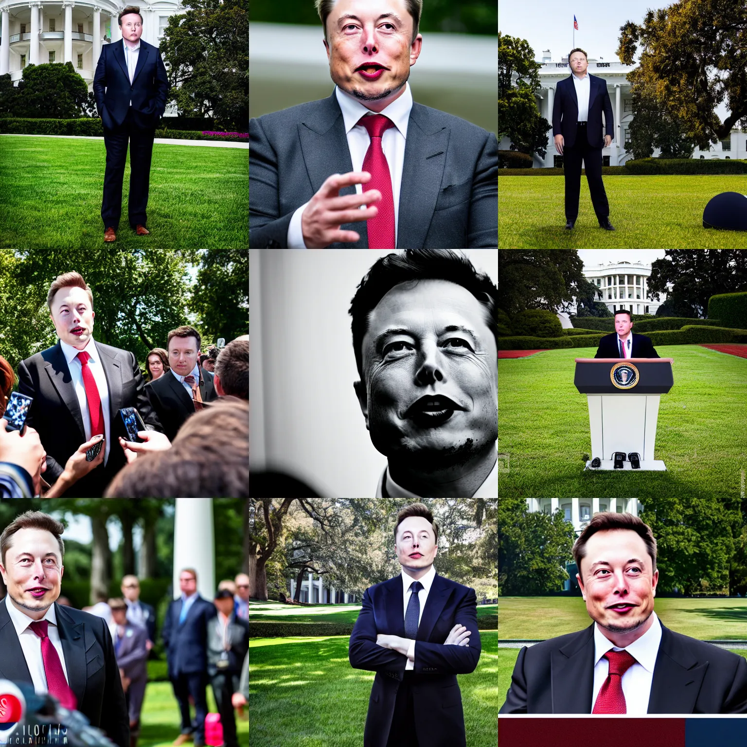 Prompt: headshot of Elon Musk as the president of the united states speaking to reporters on the white house lawn, EOS-1D, f/1.4, ISO 200, 1/160s, 8K, RAW, unedited, symmetrical balance, in-frame, Photoshop, Nvidia, Topaz AI