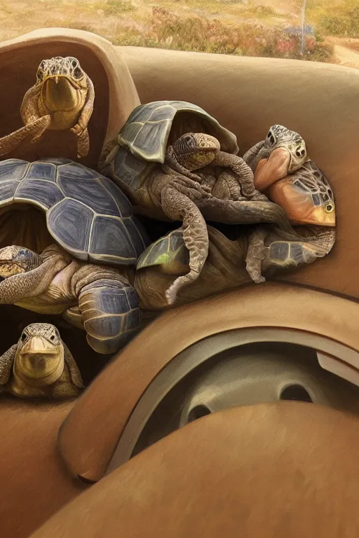 Prompt: tortoise kids crammed in the back of a car, roadtrip, oil on canvas, intricate, 8k highly professionally detailed, HDR, CGsociety