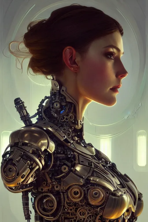 Image similar to beautiful female mechanical android!, half portrait, intricate detailed environment, photorealistic!, intricate, elegant, highly detailed, digital painting, artstation, concept art, smooth, sharp focus, illustration, art by artgerm and greg rutkowski and alphonse mucha