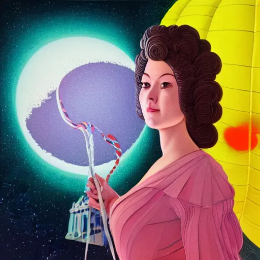 Prompt: a 3 d, hyperrealistic, octane rendered, detailed, cinematic, close up portrait of a detailed 1 9 7 6 woman with swirling hair. the woman is holding a giant balloon that looks like a glowing 3 d realistic moon with a face. a night sky filled with hot air balloons and swirling clouds by kuvshinov and bilibin, karol back