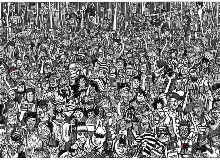 Image similar to where's Waldo intricate rave party drawing by martin handford (1978), find the hidden objects picture