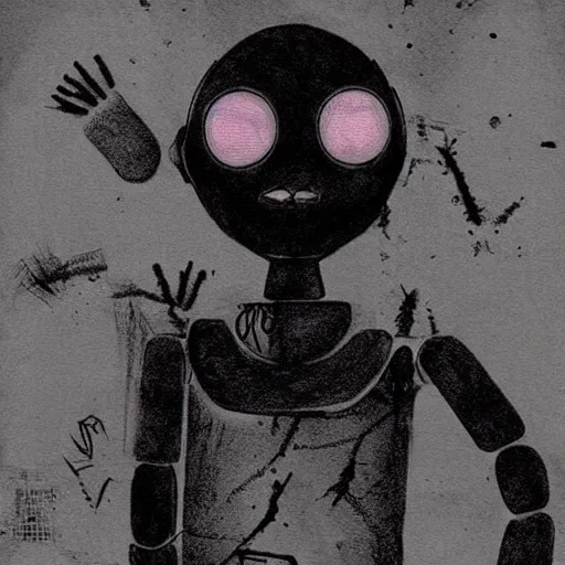 Prompt: grunge drawing of a robot in the style of the grudge | horror themed