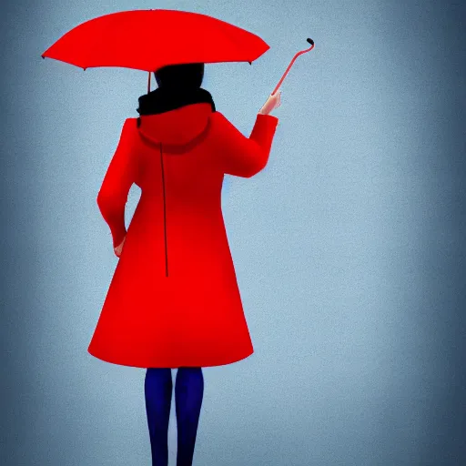 Image similar to woman with red coat and cyan umbrella, digital art