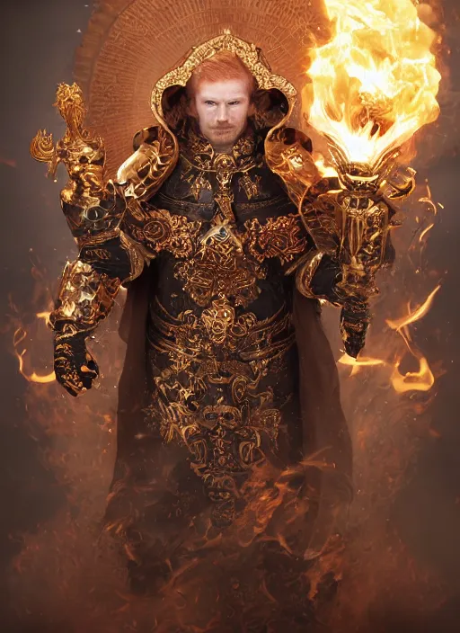 Prompt: high intricate middle aged ginger male priest with white baroque armor and black garment fighting a fire demon, maria panfilova, andrea savchenko, mike kime, ludovic plouffe, qi sheng luo, oliver cook, trending on artstation