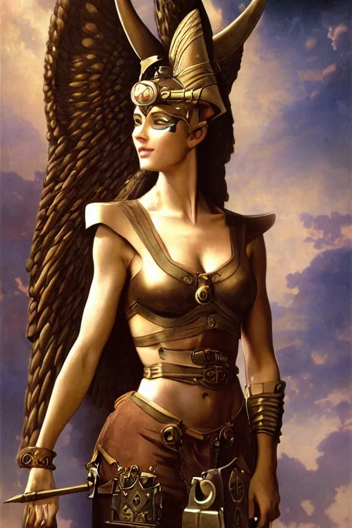 Image similar to Mystical Valkyrie, full portrait of a beautiful female Anubis Warrior, Regal, Realistic, Refined, Detailed Digital Art, Oil Painting, William-Adolphe Bouguereau, Art Frahm, Steampunk, Walt Disney (1937), frank frazetta, dynamic lighting, daily deviation, very very very very very beautiful, character illustration by Josephine wall, Highly Detailed, Cinematic Lighting, Unreal Engine, 8k, HD