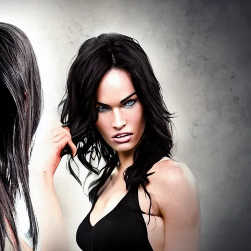 Prompt: dark haired attractive woman fighting with megan fox, photorealistic,