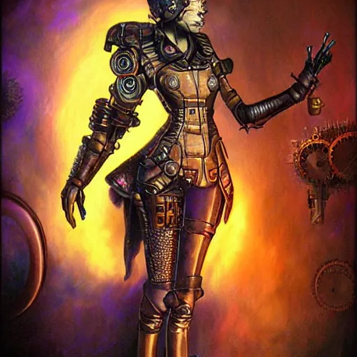 Image similar to steampunk android that emits purple fog, art by howard david johnson