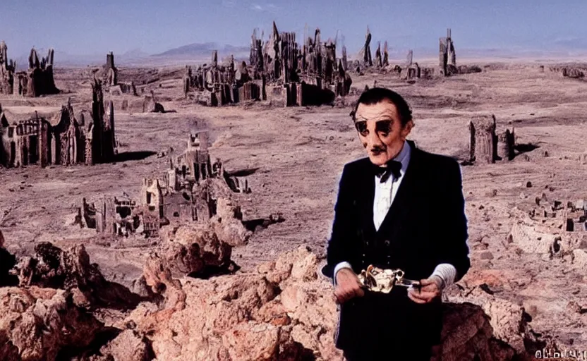 Image similar to salvador dali wearing a great crown with blue jewels and a scepter in a dry rocky desert landscape, visible sky and sunny atmosphere, alien city ruins in the background, film still from the movie by alejandro jodorowsky with cinematogrophy of christopher doyle and art direction by hans giger, anamorphic lens, kodakchrome, very detailed photo, 8 k