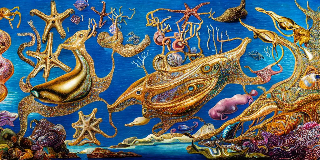 Image similar to sea creatures | shimmery, glittery, metallic, complex, intricate, textured | wide open vista view | gouche on paper by salvador dali by raqib shaw | 8 k