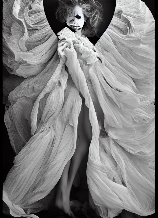 Image similar to a full body portrait of a woman by justin ridler wearing an intricate billowing dress, face in the style of irakli nadar