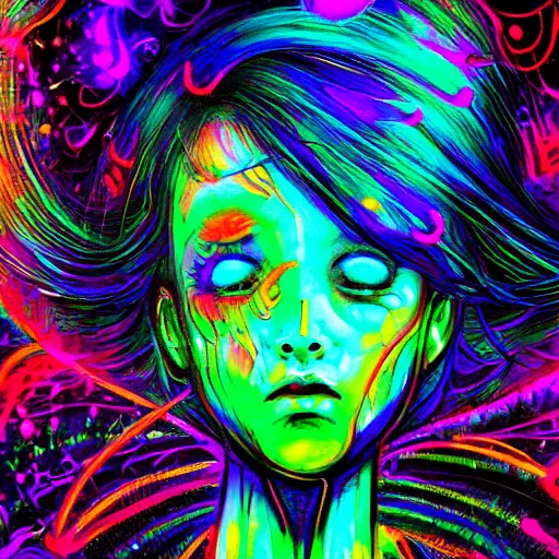 Prompt: girl dancing in a club, expressive digital art, psychedelic, lsd, by yoshitaka amano, by dan mumford, close - up portrait, trending on artstation, 4 k