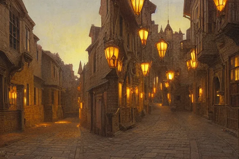 Image similar to winding street at twilight in a very old very beautiful city by George Price Boyce and Donato Giancola and William Dyce, glowing paper lanterns, strong dramatic cinematic lighting , ornate tiled architecture, lost civilizations, smooth, sharp focus, extremely detailed