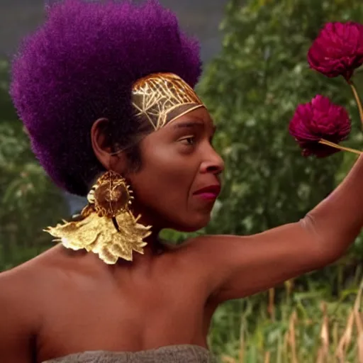 Prompt: over-shoulder film still of an african-american woman with short grey hair, a headdress made of red fern-leaf peony, wearing a black lace mask and gold dangly earrings, purple lipstick, speaking to a giant dragonfly from the adventure movie Life of Pi (2012) directed by Ang Lee and shot by Claudio Miranda