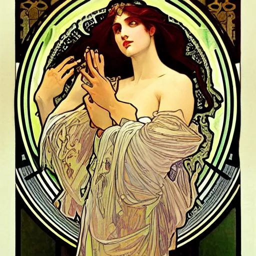 Image similar to echo, greek mythology, painted by alphonse mucha