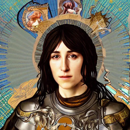 Image similar to portrait of charlotte gainsbourg as joan of arc in armor, hyperrealistic digital painting, iconography influenced by alphonse mucha and eugene delacroix, arstation and deviantart trends, high resolution 8 k