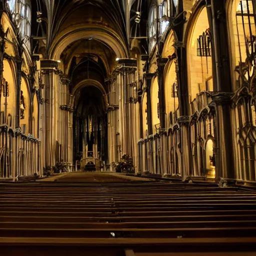 Image similar to wide shot photo taken of an epic intricate, ultra detailed, super realistic empty church after dusk filmset created by weta workshop directed by tim burton, menacing, wide angle shots, moody night time scene, photorealistic, sharp focus, gloomy, extremely cold blueish colour temperature, 3 5 mm, f 1. 4