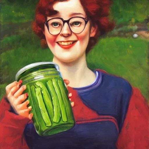 Prompt: a smiling girl with short grey red hair and dark rim glasses, she is proudly holding a fido jar into the camera. close up. the fido jar is filled with big green pickles, by jacek malczewski