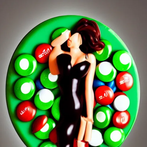 Prompt: full body portrait of green m & m posing seductively, candy, high heels, elegant, smooth, sharp focus, hyper detailed