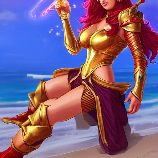 Image similar to leona from league of legends wearing gold and scarlet armor drinking pepsi max on a hot summer day at the beach. she is wearing wearing gold and scarlet armor. digital illustration, trending on artstation, highly detailed, excellent beautiful lighting,