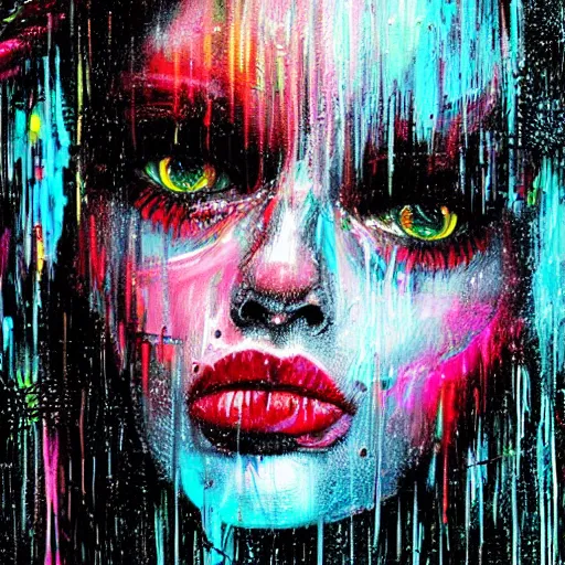 Prompt: splashes of neon, punk portrait made out of paint with rain in the background, trending on artstation, epic composition, emotional, beautiful, rendered in octane, highly detailed, realistic, tim burton comic book art, sharp focus, matte painting