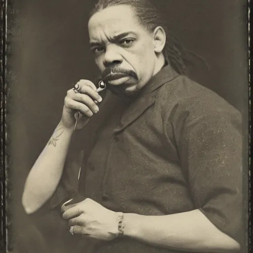 Image similar to tintype photo of ice - t, drinking iced tea with a straw, by julia margaret cameron 1 8 8 0 s, realistic, body shot, sharp focus, 8 k high definition, insanely detailed, intricate, elegant